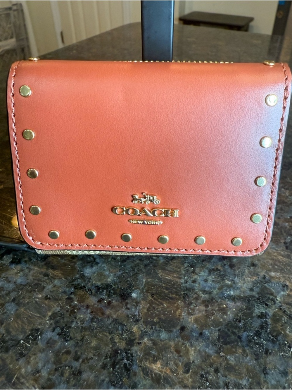 Coach Gold-Studded Color Block Leather Wallet - Terracotta and Black
